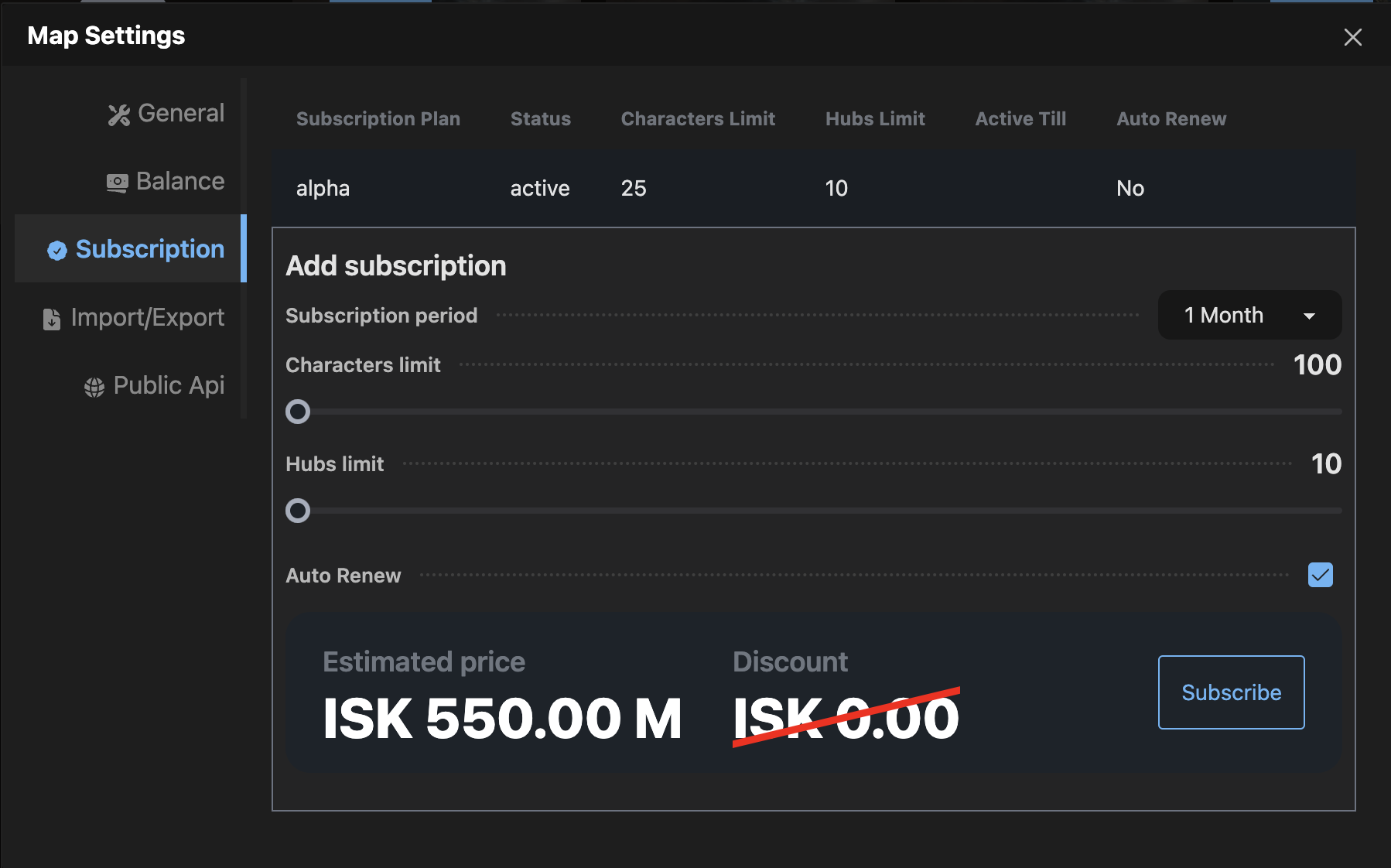 Subscription Settings Map Subscription Settings