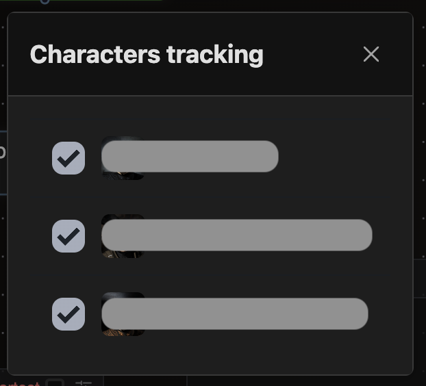 Characters Tracking Modal Characters Tracking Modal